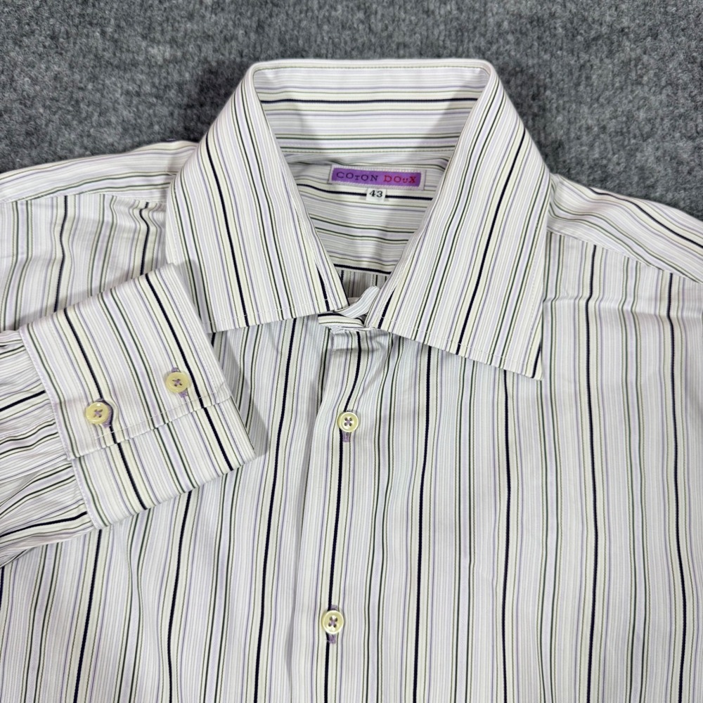 Coton Doux Striped Dress Shirt French Style Mens 43 XL White Purple Cotton EUC